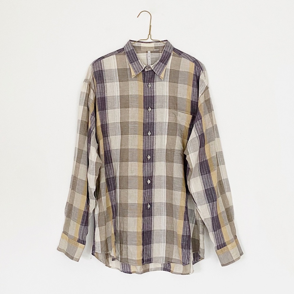 linen plaid button down - spring pastel purple cream yellow - large